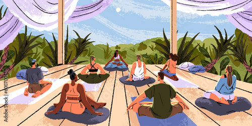 Nature retreat and wellness. Calm people practicing yoga, spiritual meditation in vipassana class. Meditating, breathing together in group outdoors. Zen holiday, vacation. Flat vector illustration