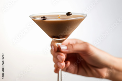 A woman's hand holding a martini glass with a chocolate espresso martini. AI generation photo