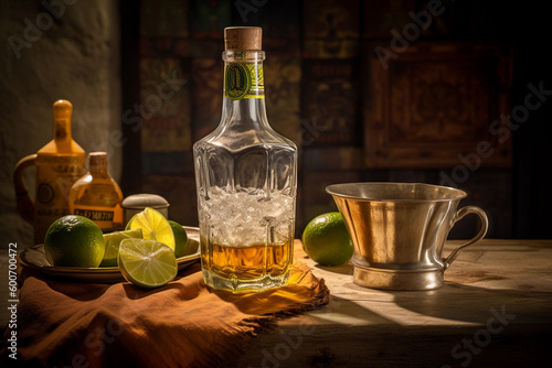 A bottle of rum with a bottle of rum and limes on a table. AI generation