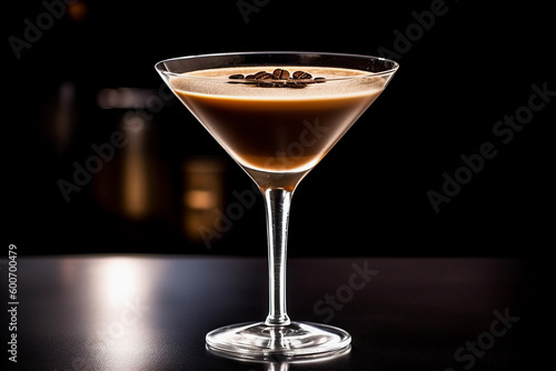 A martini glass with a chocolate espresso martini in front of a black background AI generation