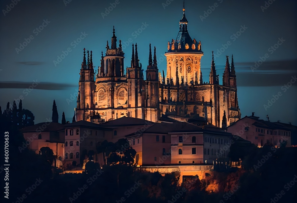 Evening view of the Cathedral of Santa Maria in Segovia, Castilla y Leon, Spain , .highly detailed,   cinematic shot   photo taken by sony   incredibly detailed, sharpen details   highly realistic   p - obrazy, fototapety, plakaty 