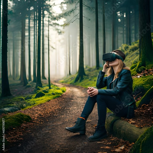 girl wearing vr in forest