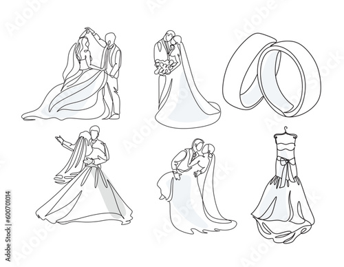 Wedding line art illustrations set. Single one line drawing happy cute married man and woman. Bridal an groom. Modern graphic design concepts, simple outline elements collection. Vector line icons