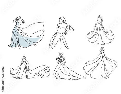 Beautiful woman in long flowing dress in continuous line art drawing style. Girl wearing luxury evening or bridal gown. Minimalist black linear sketch isolated on white background. Vector illustration