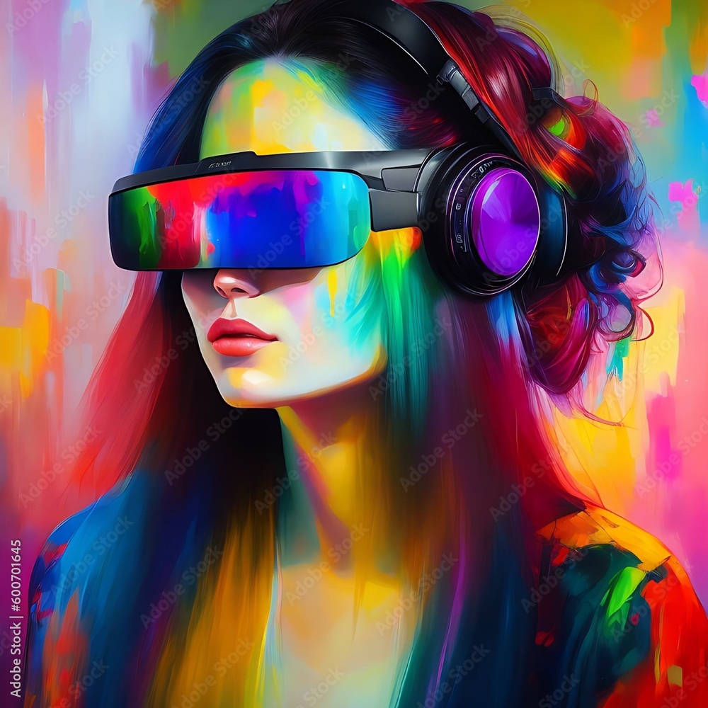 Metaverse technology concept. Woman with VR virtual reality goggles. Futuristic lifestyle. Generative AI. Metaverse technology concept. Woman with VR virtual reality goggles. Futuristic lifestyle. Generative AI.