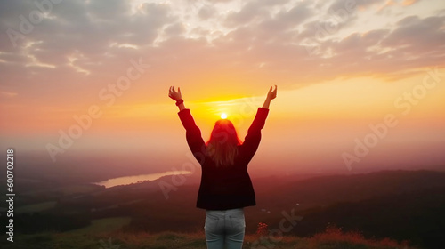  woman relaxing on the top of mountain ,Travel adventure or expedition concept, Freedom Enjoyment Relaxing in mountains , Carefree Happy Woman Enjoying Nature ,Generative AI 