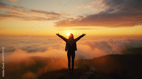  woman relaxing on the top of mountain ,Travel adventure or expedition concept, Freedom Enjoyment Relaxing in mountains , Carefree Happy Woman Enjoying Nature ,Generative AI 