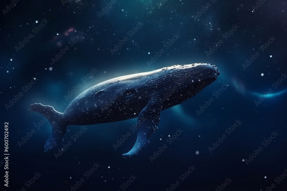 Fototapeta premium Big whale is floating in starry night sky in abstract dreamy mood generative ai