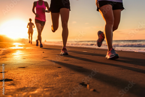 Close up legs runner group running on sunrise seaside trail. AI generative © SANGHYUN