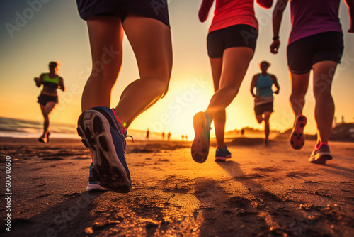 Close up legs runner group running on sunrise seaside trail. AI generative © SANGHYUN