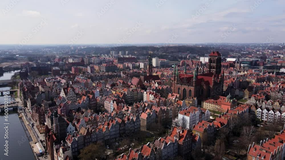 Aerial view of Gdansk city in Poland. Historical center in old town in european city. Panoramic view of modern european city