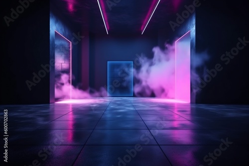 space abstract room blue rays club background light fog smoke neon. Generative AI.