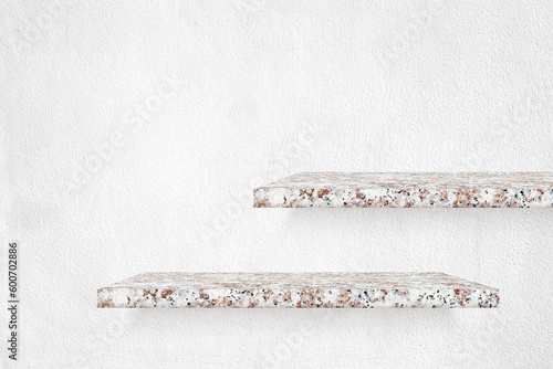 two terrazzo shelf on grunge white concrete wall for exterior or interior and display show products, studio room