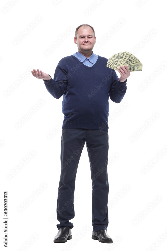 in full growth.Mature man showing cash bills . in full growth.Mature man showing cash bills .