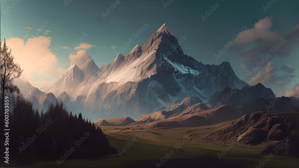 A painting of a mountain range with a snowy mountain in the background Create With Generative AI Technology