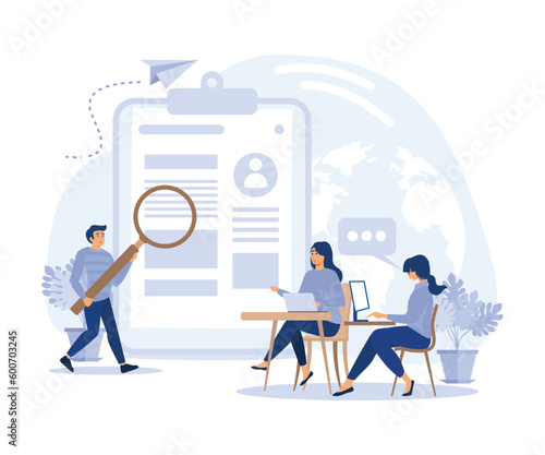 job application concept, Job interview, HR managers looking at curriculum vitae of job seeker, flat vector modern illustration