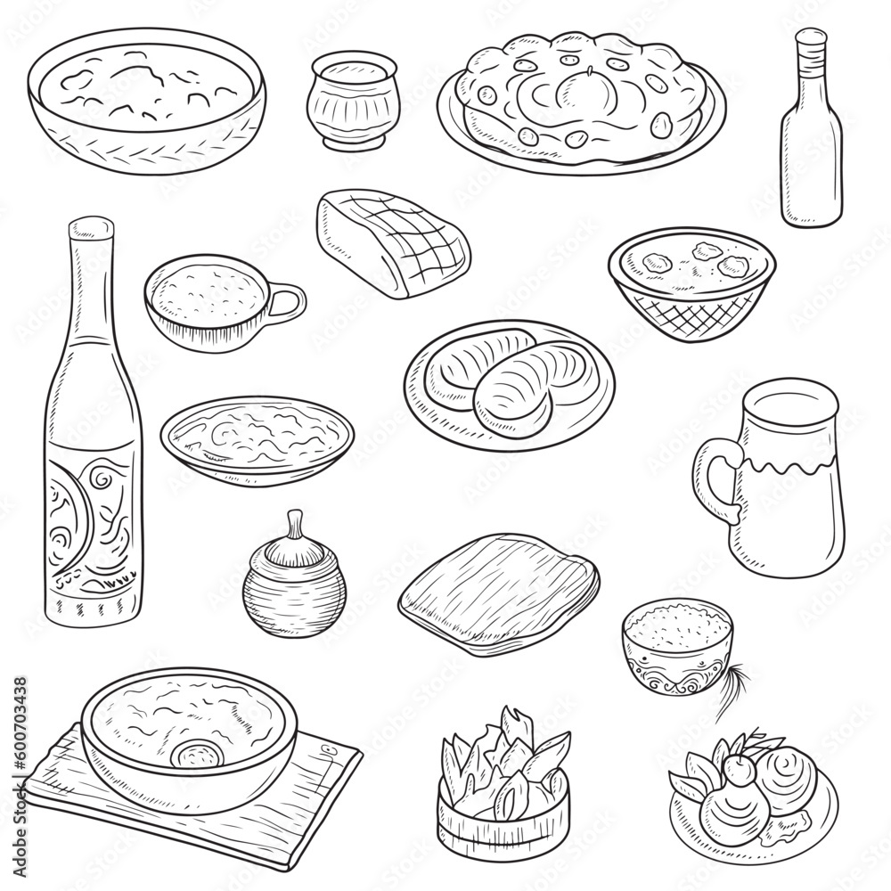 Set of national ukrainian food beverage, drinks, soup, meat pieces, pork, porridge, breakfast, dinner in black. Hand drawn vector sketch illustration in doodle engraved vintage outline line art style.