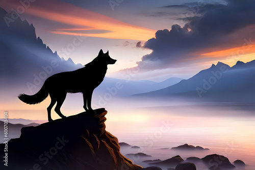 A lone wolf stands on a rocky outcropping, silhouetted against a stunning sunset sky. The wolf's piercing gaze suggests a deep sense of contemplation and wild freedom. (Generative AI, Generativ, KI) 