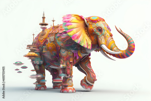  a colorful and decorative figurine of an elephant isolated in white, a religious and mythological creature's appearance. 
