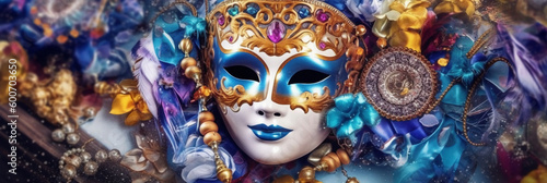 Venetian carnival mask and beads decoration. Mardi gras background. AI generative