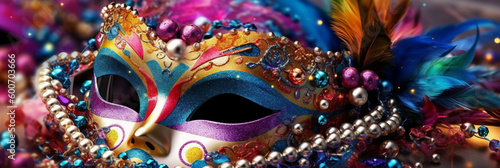 Venetian carnival mask and beads decoration. Mardi gras background. AI generative