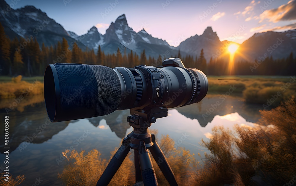 Camera in national park at sunrise majesty of nature and the wildlife ...