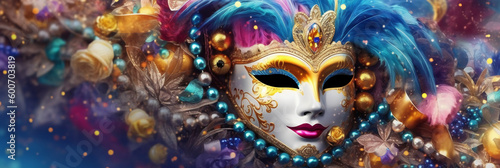 Venetian carnival mask and beads decoration. Mardi gras background. AI generative © SANGHYUN