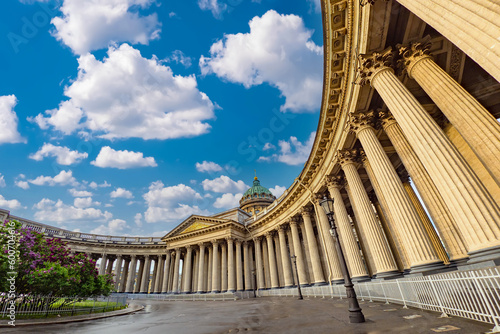 Saint Petersburg. Russian architecture. Kazan cathedral. Temples of St. Petersburg. Russia in summer weather. Building with colonnade. Kazan cathedral under blue sky. Travel to Saint Petersburg