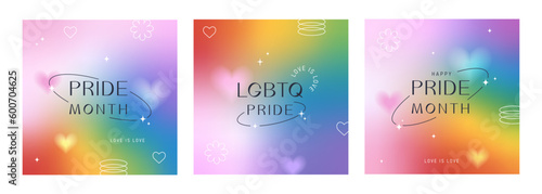 Pride Month, banner, set greeting card, poster, cover set. LGBT colorful rainbow concept. Trendy minimalist aesthetic with blurred gradients, geometric shapes, typography, y2k backgrounds. 