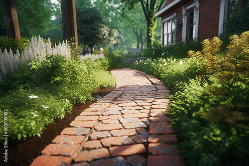 Clinker brick path to the house, landscaping. Generative AI