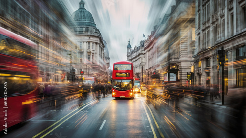 Double decker bus in the streets of London on a rainy day. Generative AI