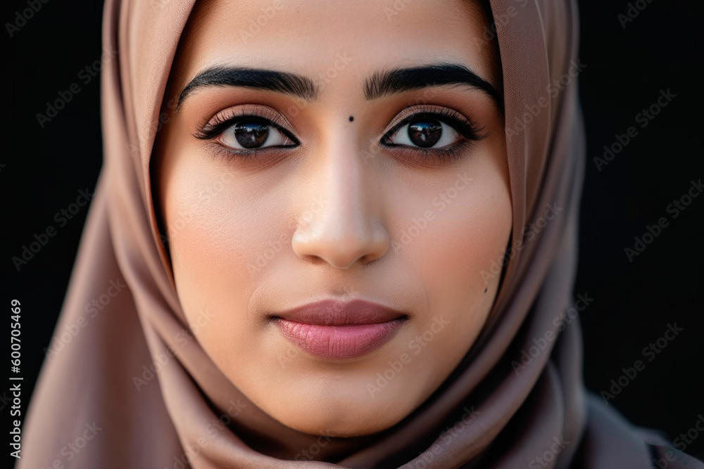 Generative AI illustration of a Crop portrait of young Muslim female in hijab looking at camera with blank expression Generative AI illustration of a Crop portrait of young Muslim female in hijab looking at camera with blank expression