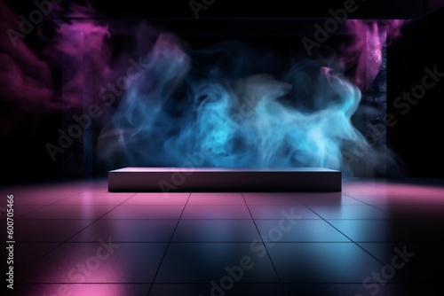 background room fog abstract light smoke space neon rays blue hall. Generative AI.