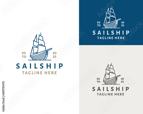 Vintage Retro Line art Sailing Ship Logo Design