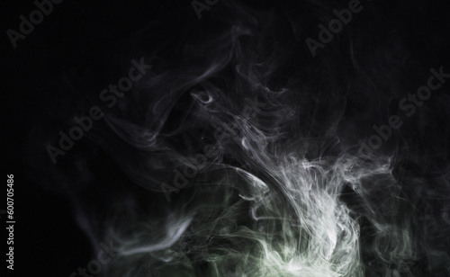 Smoke movement, white background and studio with abstract pollution swirl with no people. Graphic, art and steam pattern in the air with isolated design smoking and incense creativity with motion