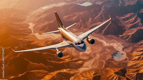 Airplane in sky background. Illustration AI Generative.