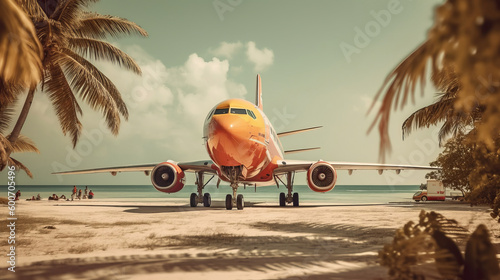 Airplane in sky background. Illustration AI Generative.