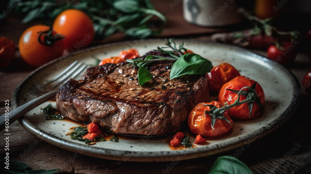 Grilled steak with tomatoes and herbs