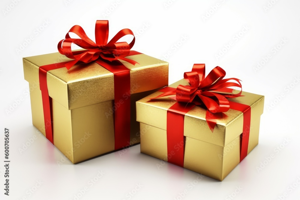 Gold gift boxes red ribbon. Generate Ai Gold gift boxes red ribbon. Generate Ai