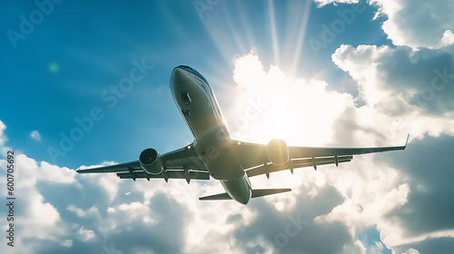 Airplane in sky background. Illustration AI Generative.