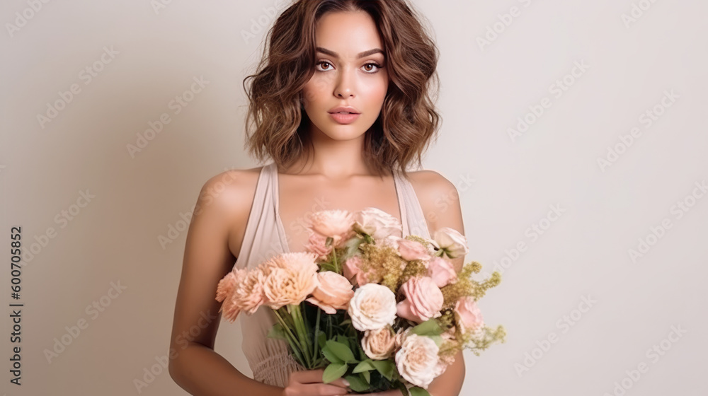 Girl with flowers. Illustration AI Generative. Girl with flowers. Illustration AI Generative.