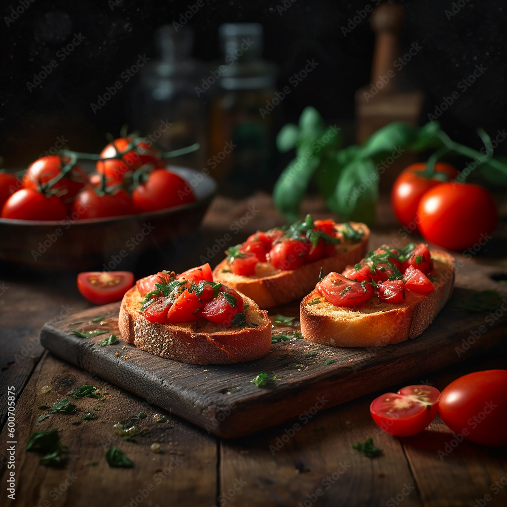 Bruschetta on a rustic table. AI generativ. Bruschetta on a rustic table. AI generativ.