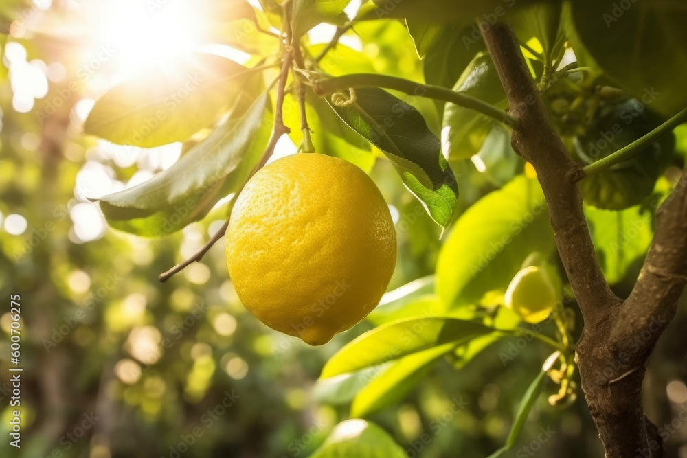 Bathed in sunlight, a lemon tree flourishes in a vibrant garden, showcasing its bright yellow fruits and lush green leaves. Healthy lifestyle and nutrition. Source of vitamin C and zinc. Generative AI