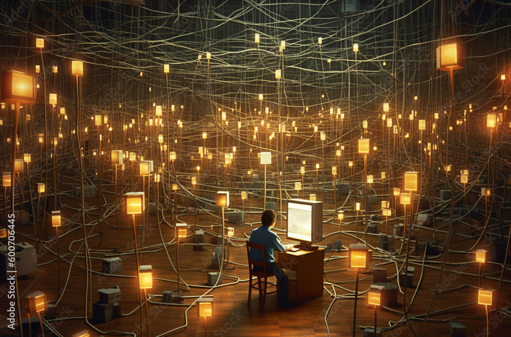Man at the center of the neural network, idea generation, fantastic imagination. Generative AI. High quality illustration Man at the center of the neural network, idea generation, fantastic imagination. Generative AI. High quality illustration