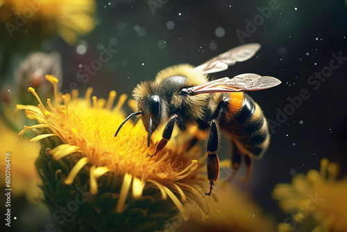 A bumblebee collects nectar on a flower, it's time to bloom, close-up. Generative AI. High quality illustration © ЮРИЙ ПОЗДНИКОВ