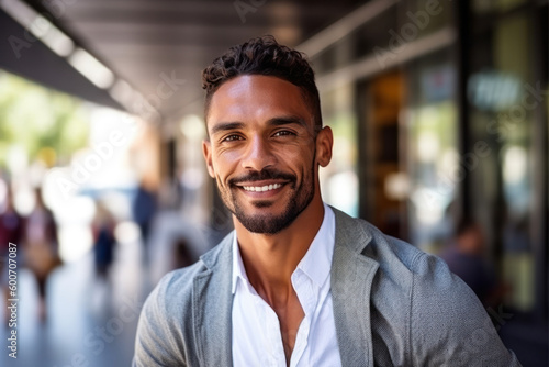 Smiling guy in smart clothes outside a cafe. Generative AI.