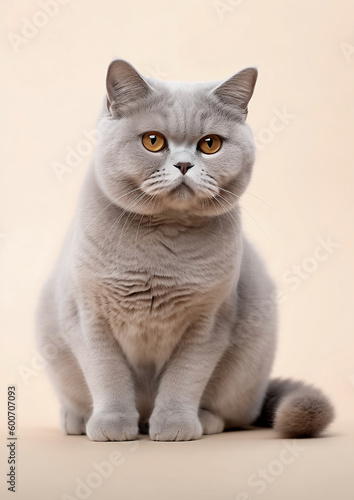 British shorthair cat sitting down isolated on solid color background