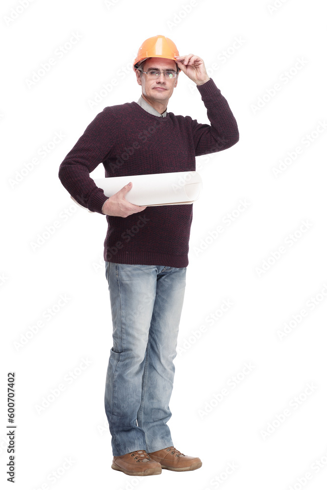 man in a protective helmet with drawings of a new project man in a protective helmet with drawings of a new project
