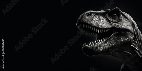Black and white photorealistic studio portrait of a Tyrannosaurus Rex on black background. Generative AI illustration