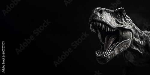 Black and white photorealistic studio portrait of a Tyrannosaurus Rex on black background. Generative AI illustration © JoelMasson